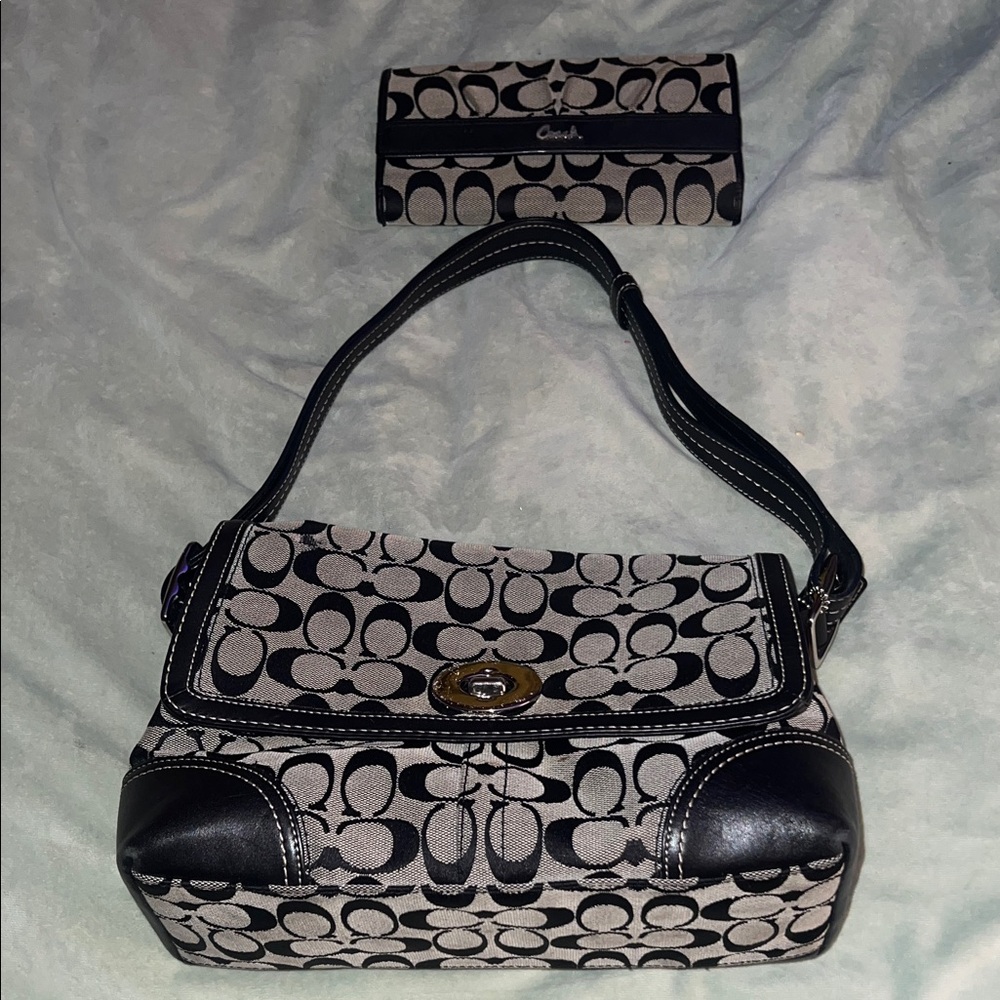 Coach Black and Khaki Signature Canvas Shoulder Bag and matching wallet